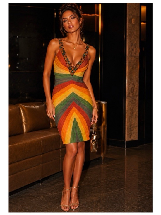 Mandalay Dresses & Skirts - New Mandalay 100% Silk Beaded Rainbow Chevron Sleeveless Dress Multi Cocktail 4